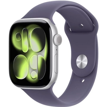 Apple Watch Series 11 GPS + Cellular – 42 mm-es ezüst alumíniumtok, ködös lila sportpánt M/L MF8J4MP/A