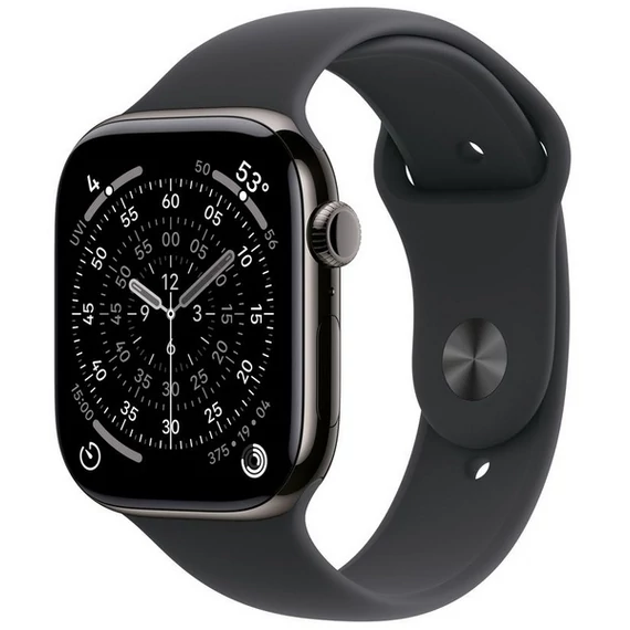 Apple Watch Series 11 GPS + Cellular – 46 mm-es palaszürke titántok, éjfekete sportszíj – S/M MFD14MP/A