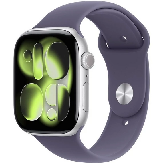 Apple Watch Series 11 GPS + Cellular – 42 mm-es ezüst alumíniumtok, ködös lila sportpánt M/L MF8J4MP/A
